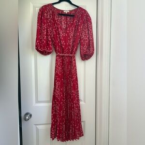 Max Studio Red Floral V‑Neck Maxi Dress with Puff Sleeves